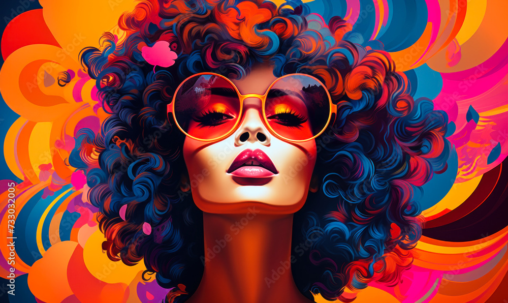 Obraz premium Vibrant Pop Art Illustration of a Woman with Afro Hair Embracing the Bold Colors and Energetic Patterns of Retro and Modern Fusion