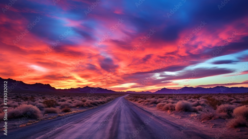 A desert road with a colorful, painted sky at dusk