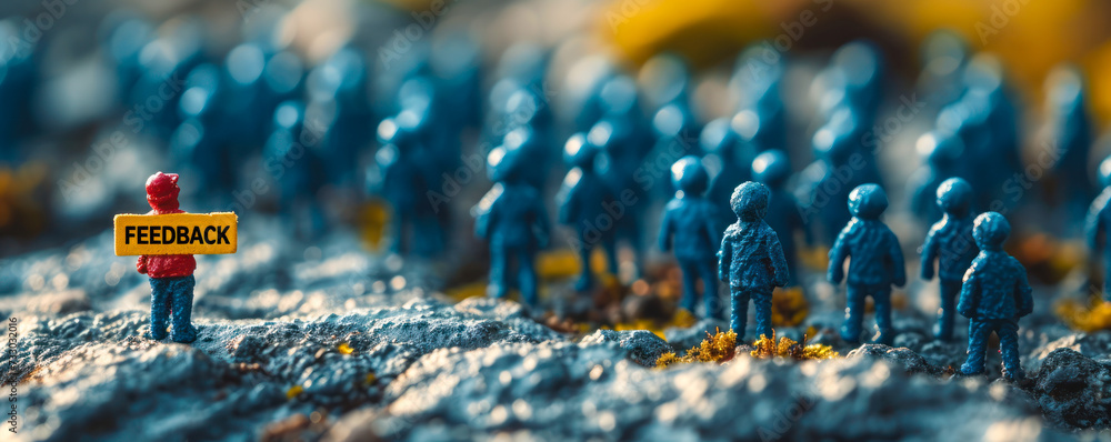 Individual holding a FEEDBACK sign stands out in a crowd of 3D figures, symbolizing the importance of feedback in a community or organization - obrazy, fototapety, plakaty 