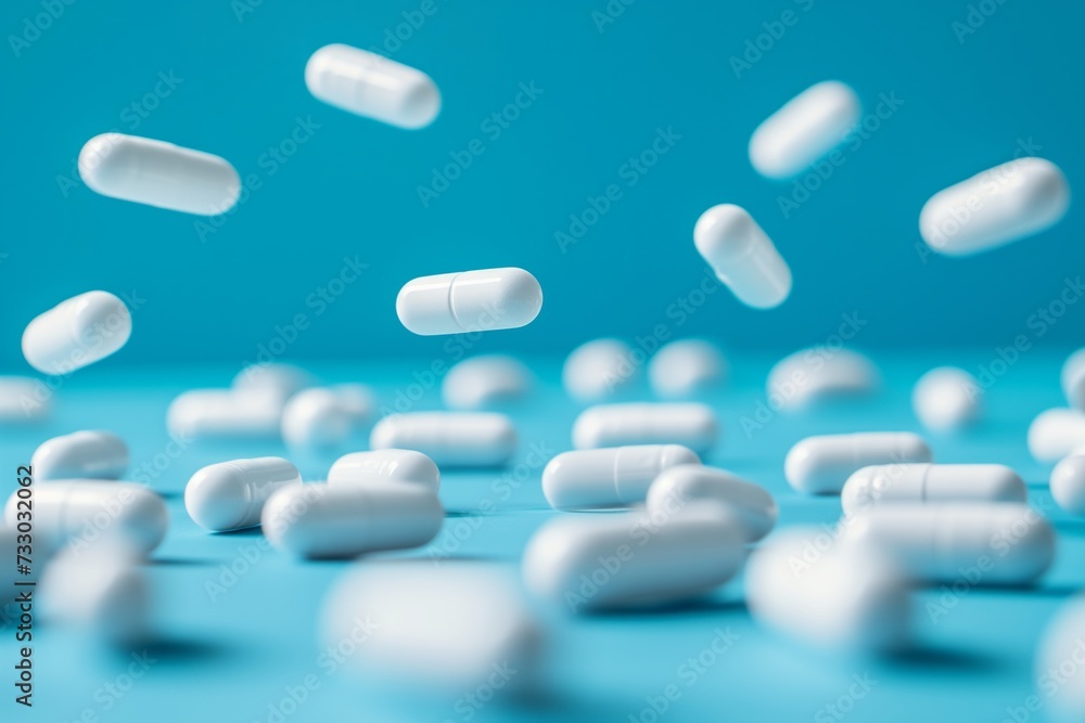 Many white capsules fall on a vibrant blue background Many white capsules fall on a vibrant blue background