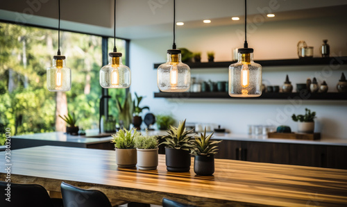 Modern kitchen interior design with stylish pendant lights hanging over a wooden countertop, indoor plants adding a touch of greenery, in a contemporary home