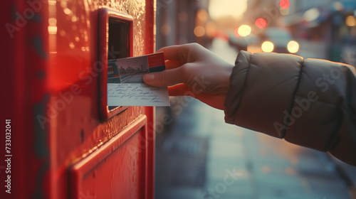 the timeless act of dropping a postcard into an iconic red postbox photo