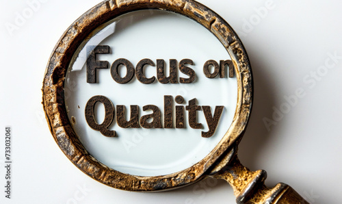 Magnifying glass focusing on the phrase Focus on Quality against a white background, symbolizing the importance of quality assurance