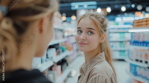 Beautiful young saleswoman helps a buyer choose cosmetics in a large cosmetics store large copyspace area