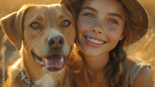 A young girl with radiant smile, patting the neck of her loyal companion with...