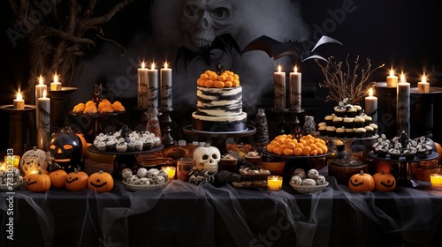 A halloween dessert table with spooky treats