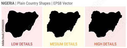 Nigeria - plain country shape. Low, medium, and high detailed maps of Nigeria. EPS8 vector illustration.