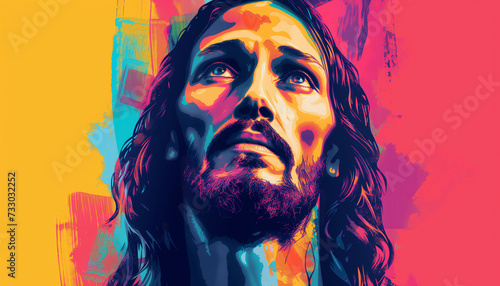 Jesus pop art portrait, Easter banner, copy space