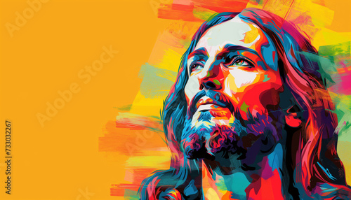 Jesus pop art portrait, Easter banner, copy space
