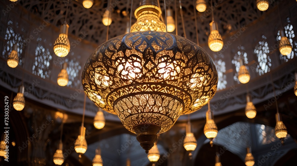 A mosque's chandelier with intricate arabic inscriptions - obrazy, fototapety, plakaty 