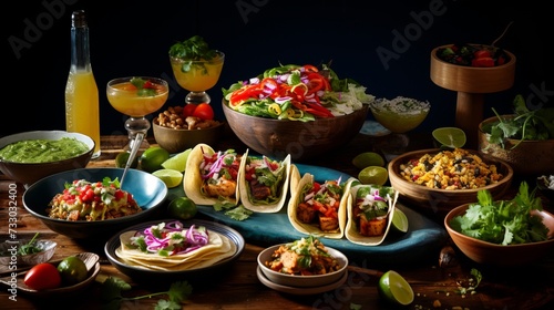 A mexican fiesta table with tacos and margaritas