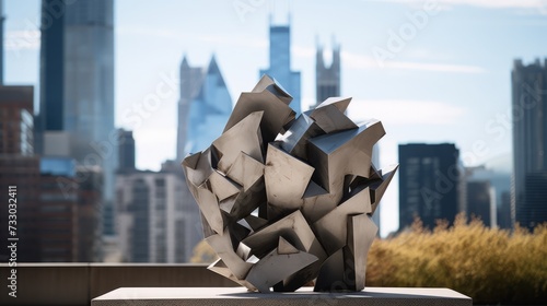 A modern brutalist sculpture against an urban backdrop