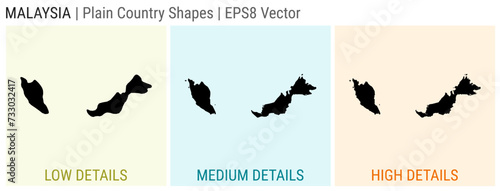 Malaysia - plain country shape. Low, medium, and high detailed maps of Malaysia. EPS8 Vector illustration.