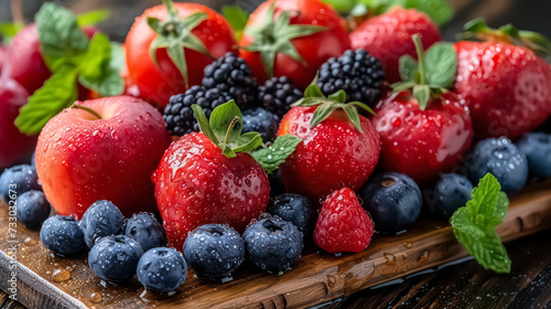 A close-up shot of fresh fruits and vegetables arranged on a wooden cutting board