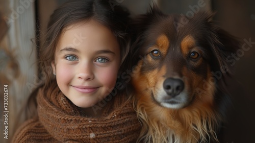 A young girl with radiant smile, patting the neck of her loyal companion with affection © olegganko