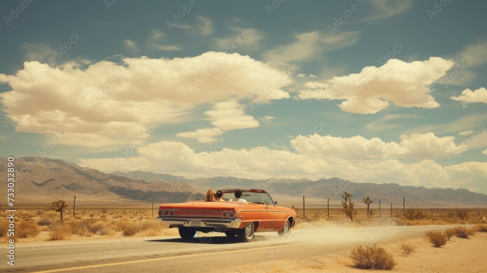 A road trip in a retro car against the background of the desert, mountains, blue sky with white clouds.