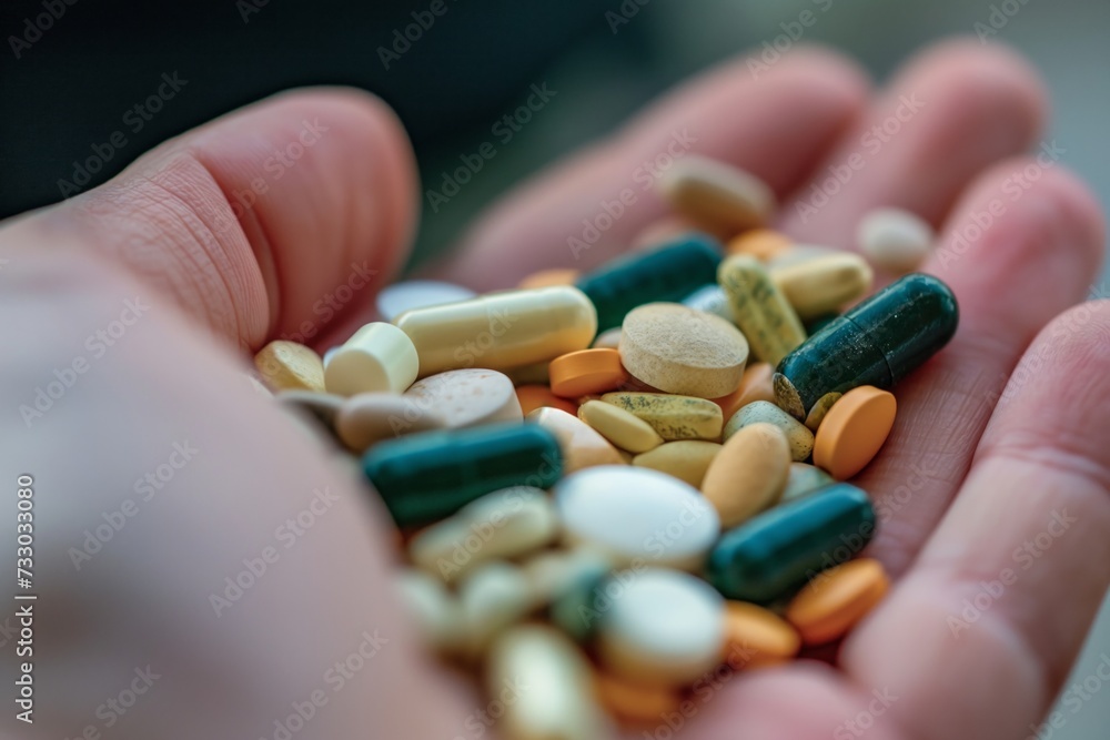 Close up view of hand holding a heap of multicolored variety of pills and capsules Close up view of hand holding a heap of multicolored variety of pills and capsules