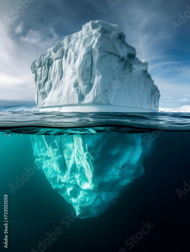Global Warming Concept. A Large Iceberg, Surrounded By Glimmering Sea Waters, Floats Majestically In The Vastness Of The Open Ocean. © Jasmina