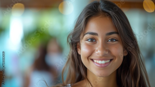 The young student's infectious smile lights up the frame, exuding positivity ...
