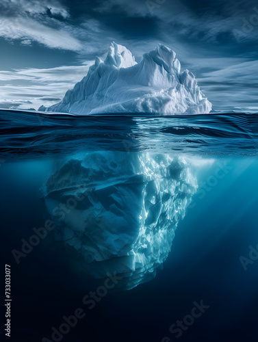 A Large Iceberg Dominates The Ocean As It Floats Serenely Under A Cloudy Sky, Creating A Captivating Scene Of Natural Beauty. Melting Glacier Covered With Snow. Global Warming Concept. Travel Expediti