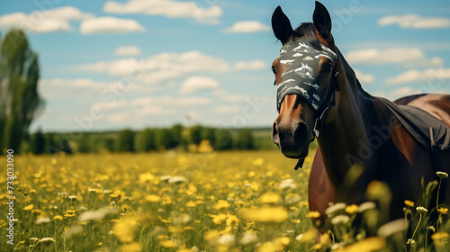 A horse with a fly mask in a sunny pasture