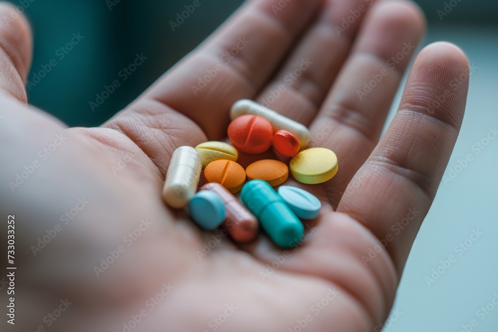 Close up view of hand holding a heap of multicolored variety of pills and capsules Close up view of hand holding a heap of multicolored variety of pills and capsules