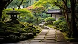 A tranquil japanese tea garden with a stone path for zen calm