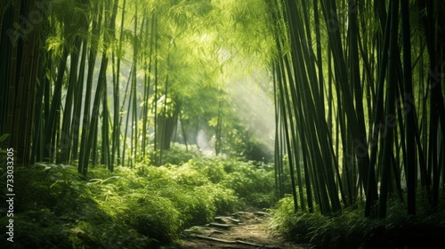 A tranquil bamboo forest with dappled sunlight © Cloudyew
