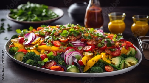 A vibrant salad with a mix of colorful vegetables and a drizzle of vinaigrette