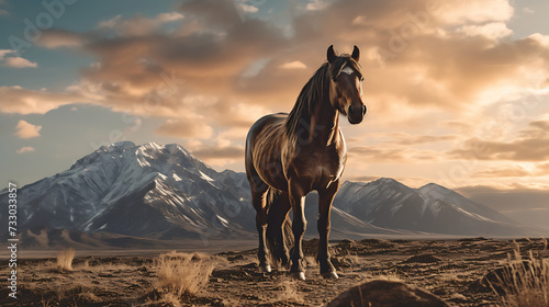 A horse with a mountain range in the background