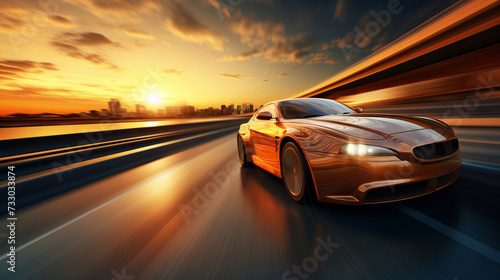 A car moving along the motorway at high speed in the evening at sunset.