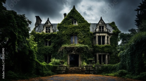 Creepy mansion with ivy covered walls and a dark sky