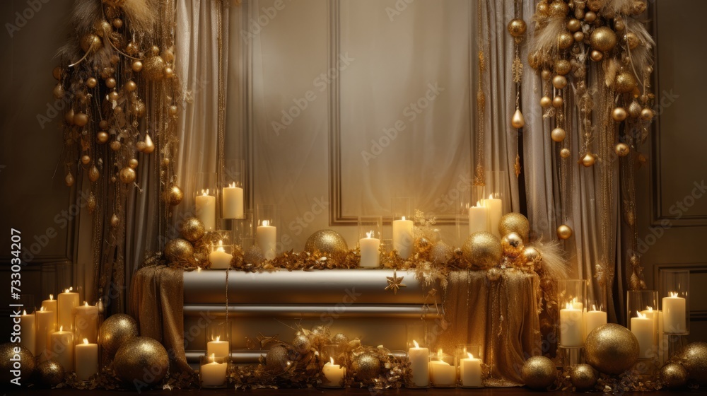 Elegant christmas decor on a luxurious golden backdrop