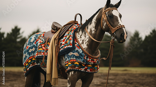 A horse with a patterned saddle blanket photo