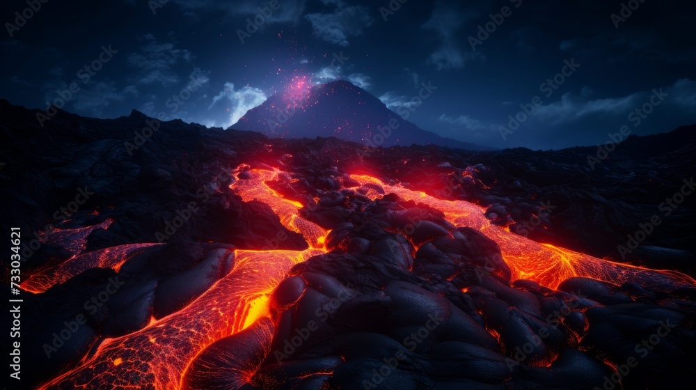 Glowing lava flows in a volcanic eruption at night Glowing lava flows in a volcanic eruption at night