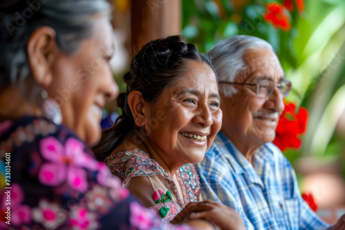 Heartwarming scene featuring a multi-generational Mexican family sharing laughter and tradition during Cinco de Mayo festivities.