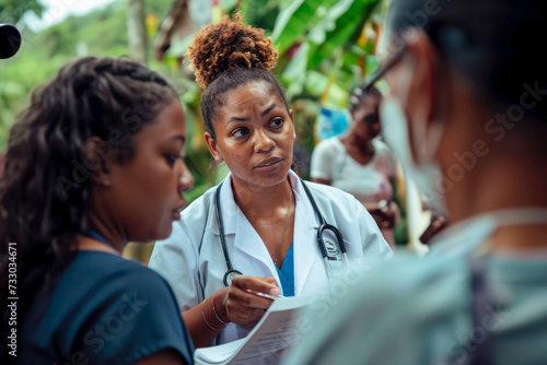 Medical professionals establishing a mobile clinic in the midst of a disaster zone, providing essential healthcare services.
