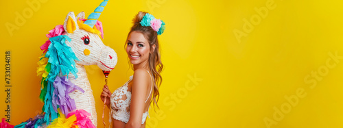 A beautiful girl on a yellow background with a unicorn pinata. The banner.
