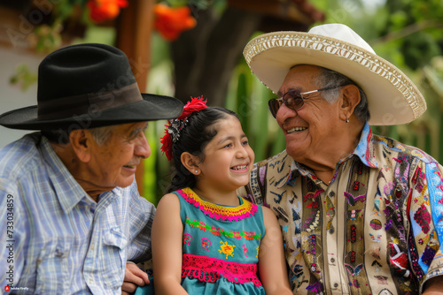 Heartwarming scene featuring a multi-generational Mexican family sharing laughter and tradition during Cinco de Mayo festivities. © bad_jul