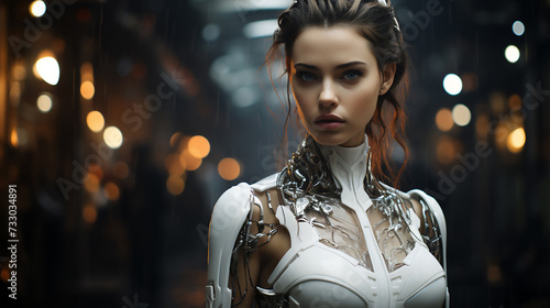 Artificial General Intelligence AI of Woman female humanoid robot human computer hybrid interaction advanced technology with wires and cables on body standing with blurry Background,Generative AI