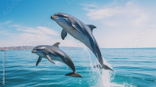 Playful dolphins jumping in the ocean, vacation magic © Cloudyew