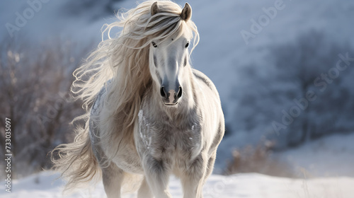 A horse with a snowy mane and tail