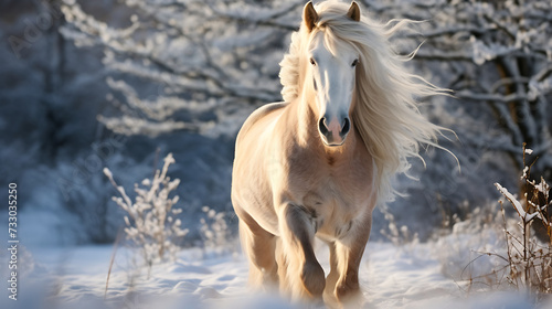 A horse with a snowy mane and tail