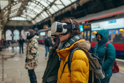 People wearing VR virtual reality headsets at a train station