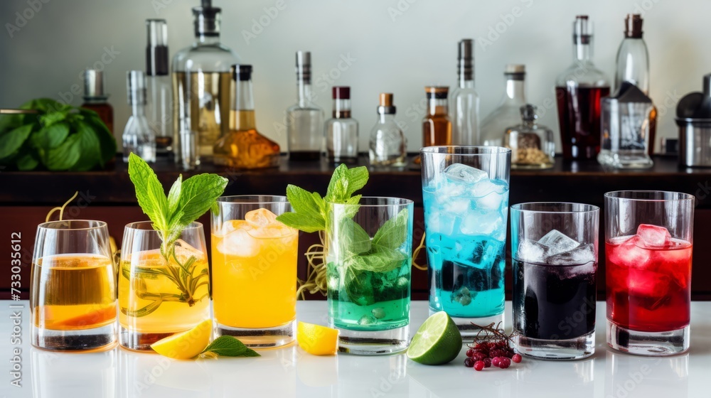 Cocktail ingredients displayed in glassware Cocktail ingredients displayed in glassware