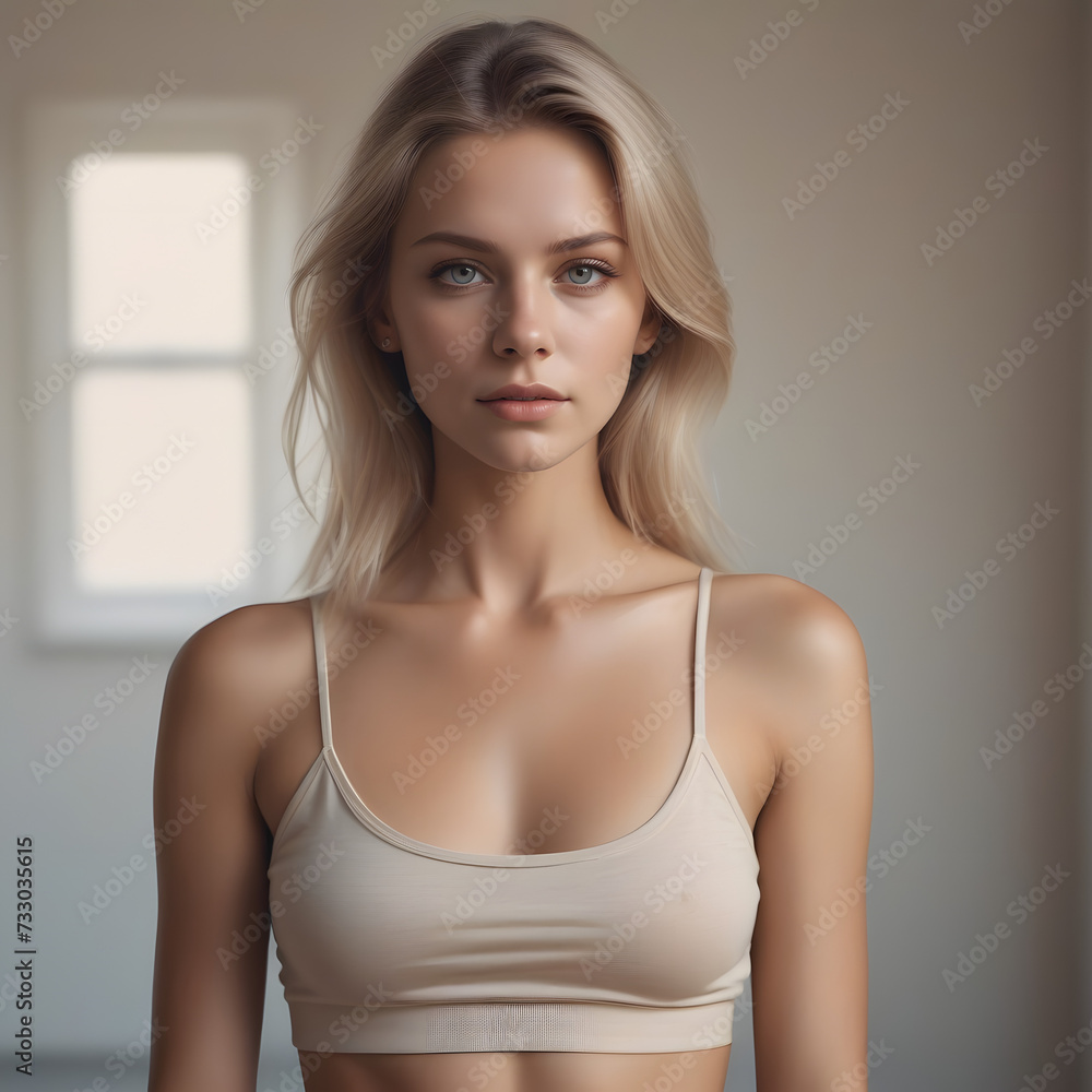 portrait of a woman in a Crop top & underwear with a neutral face. Soft natural gray background portrait of a woman in a Crop top & underwear with a neutral face. Soft natural gray background