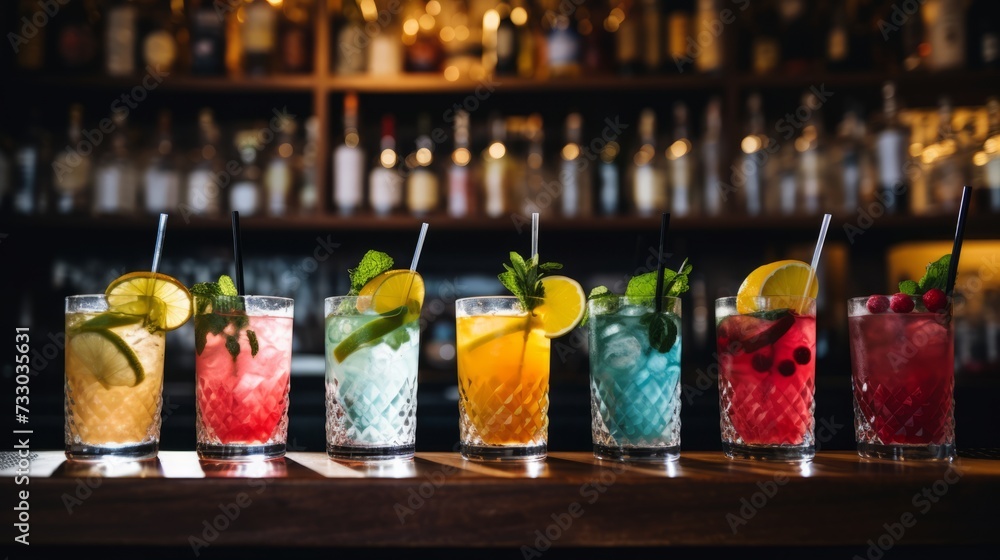Cocktails in a row at a busy bar Cocktails in a row at a busy bar