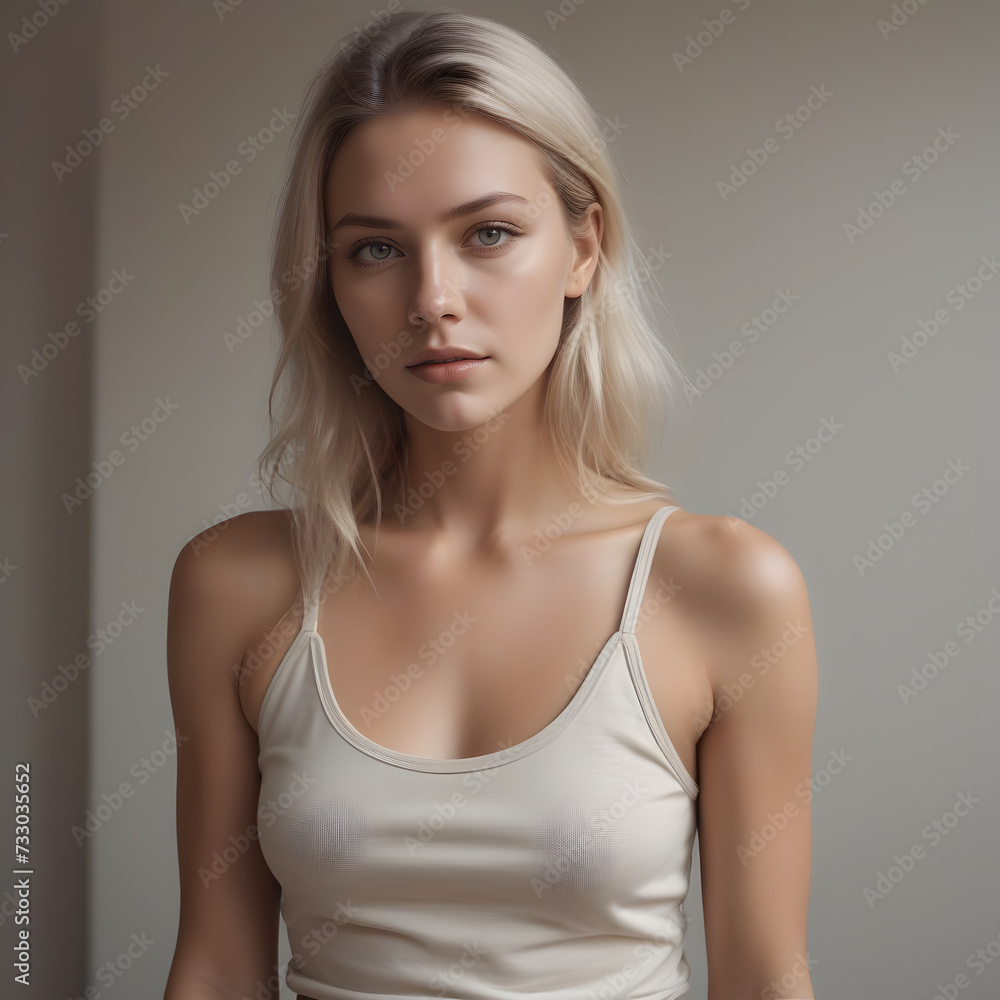 portrait of a woman in a Crop top & underwear with a neutral face. Soft natural gray background portrait of a woman in a Crop top & underwear with a neutral face. Soft natural gray background