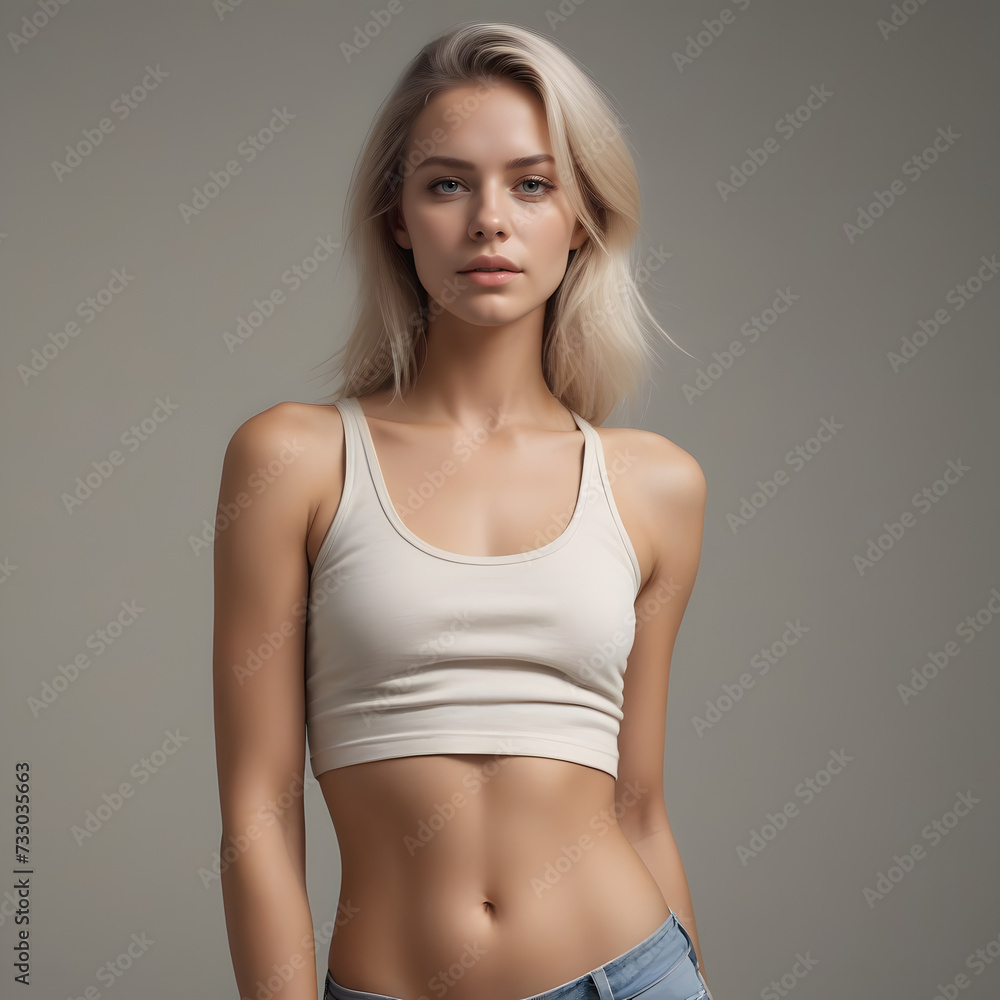 portrait of a woman in a Crop top & underwear with a neutral face. Soft natural gray background portrait of a woman in a Crop top & underwear with a neutral face. Soft natural gray background