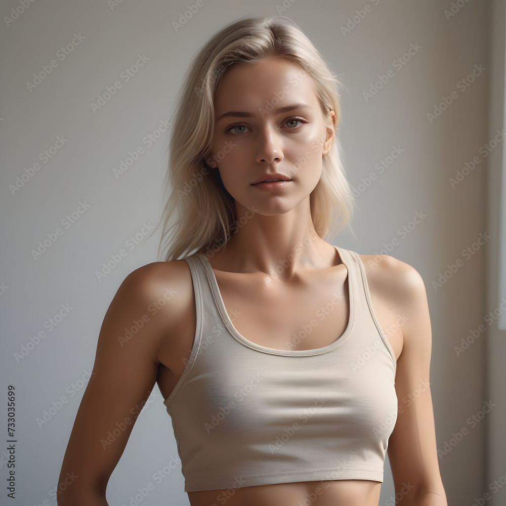 portrait of a woman in a Crop top & underwear with a neutral face. Soft natural gray background portrait of a woman in a Crop top & underwear with a neutral face. Soft natural gray background